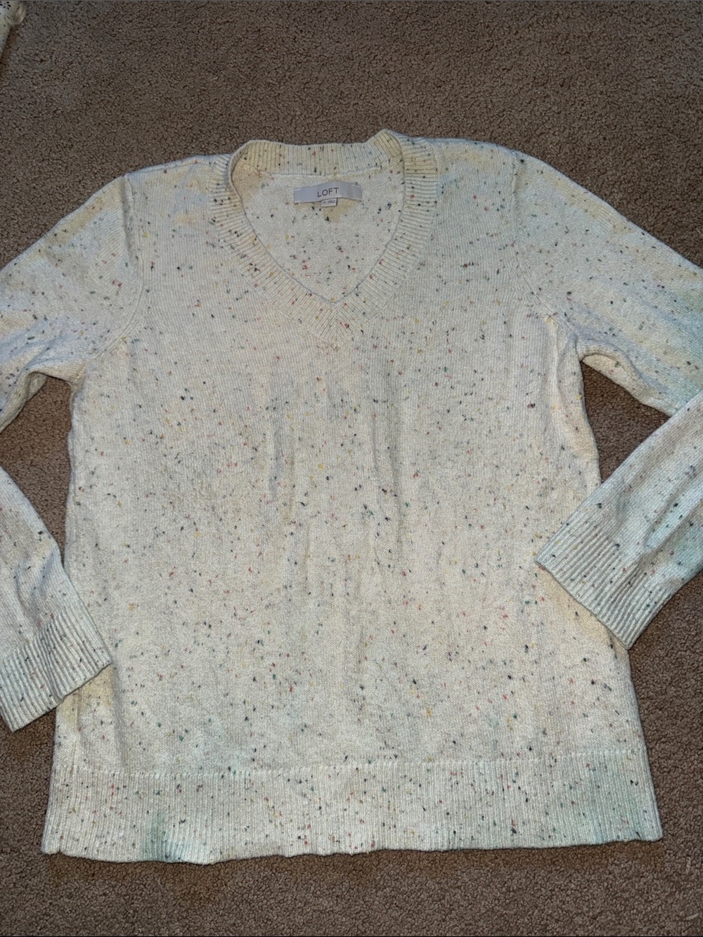 LOFT Cream Speckled V-Neck Pullover Sweater